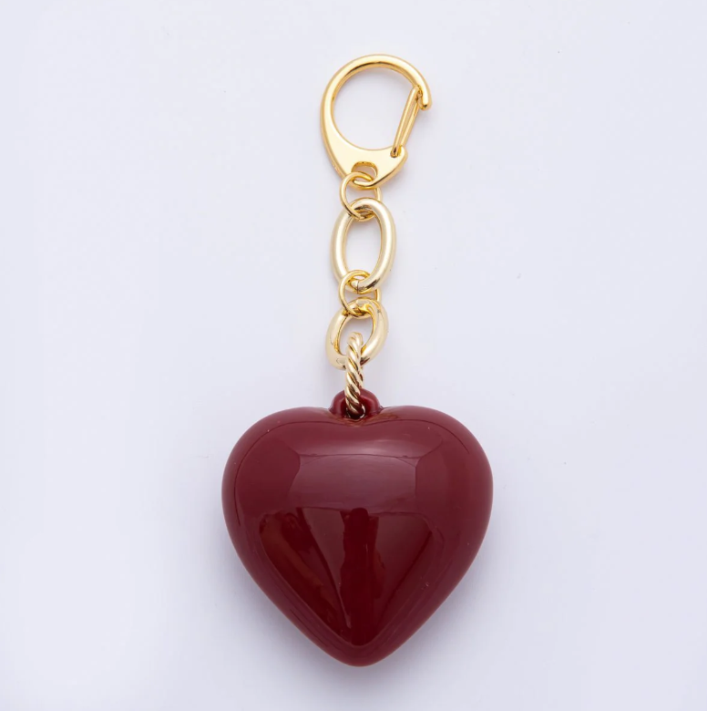 Dark Red Heart Glass Art keychain, bag charm gold filled clip ✦BC-21WB005