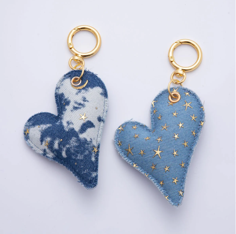 Denim Big Heart Bag Charm Keychain gold pated clip ✦ BC-21WB040 BC-21WB041