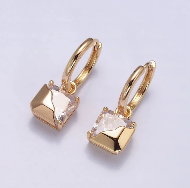 Square Diamond CZ Gold Dipped Huggie Hanging Earring ✦ EA-21AD1480