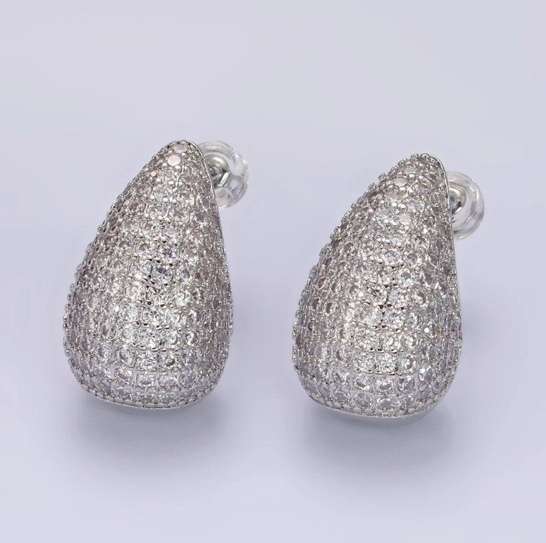 Gold Clear Paved CZ Teardrop Dome C-Shaped Stud Earrings in Gold & Silver ✦ EA-21AE336 EA21AE337
