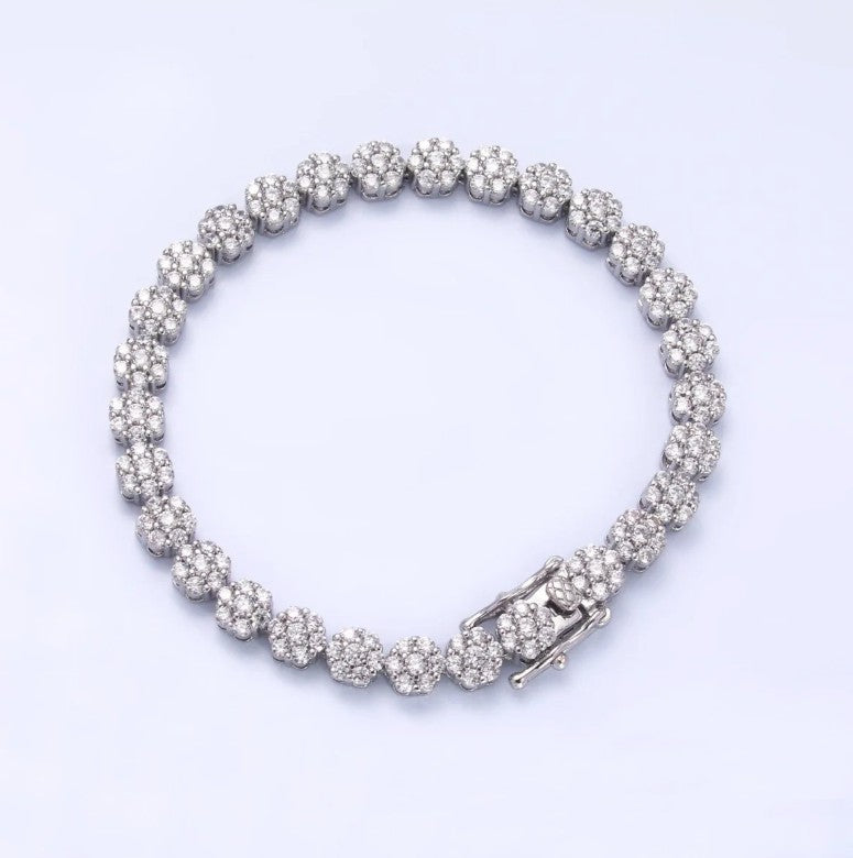 24K Gold Filled Micro Paved CZ Flower Tennis Chain Bracelet in Gold-Silver ✦ BR-21WA3038 BR-21WA3039