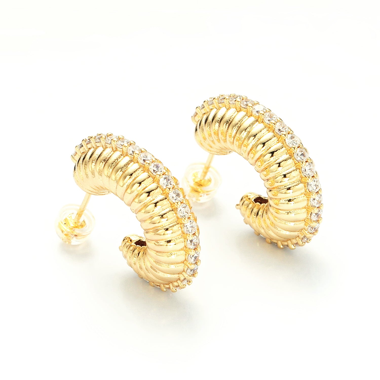 Gold 25mm Micro Paved CZ Puffed Croissant J-Shaped Hoop Earrings