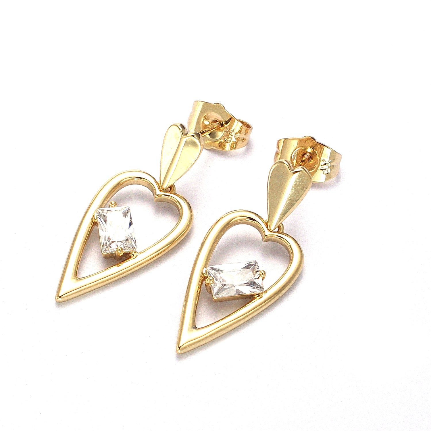 Gold Clear Baguette CZ Heart Drop Dangle Stud Earrings ✦ EA-21V006