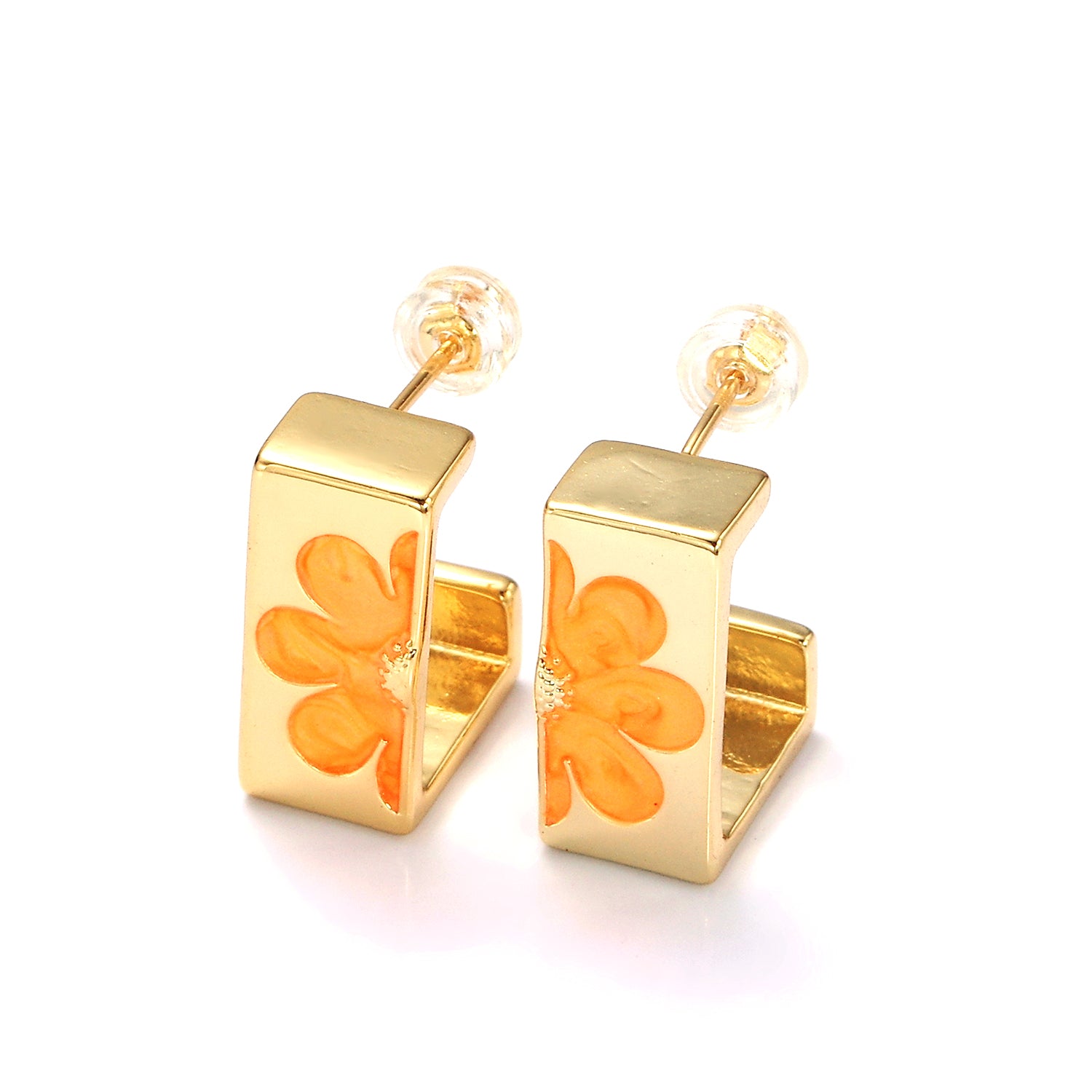 Gold Orange Enamel Flower Nature Boxy J-Shaped Hoop Earrings Set