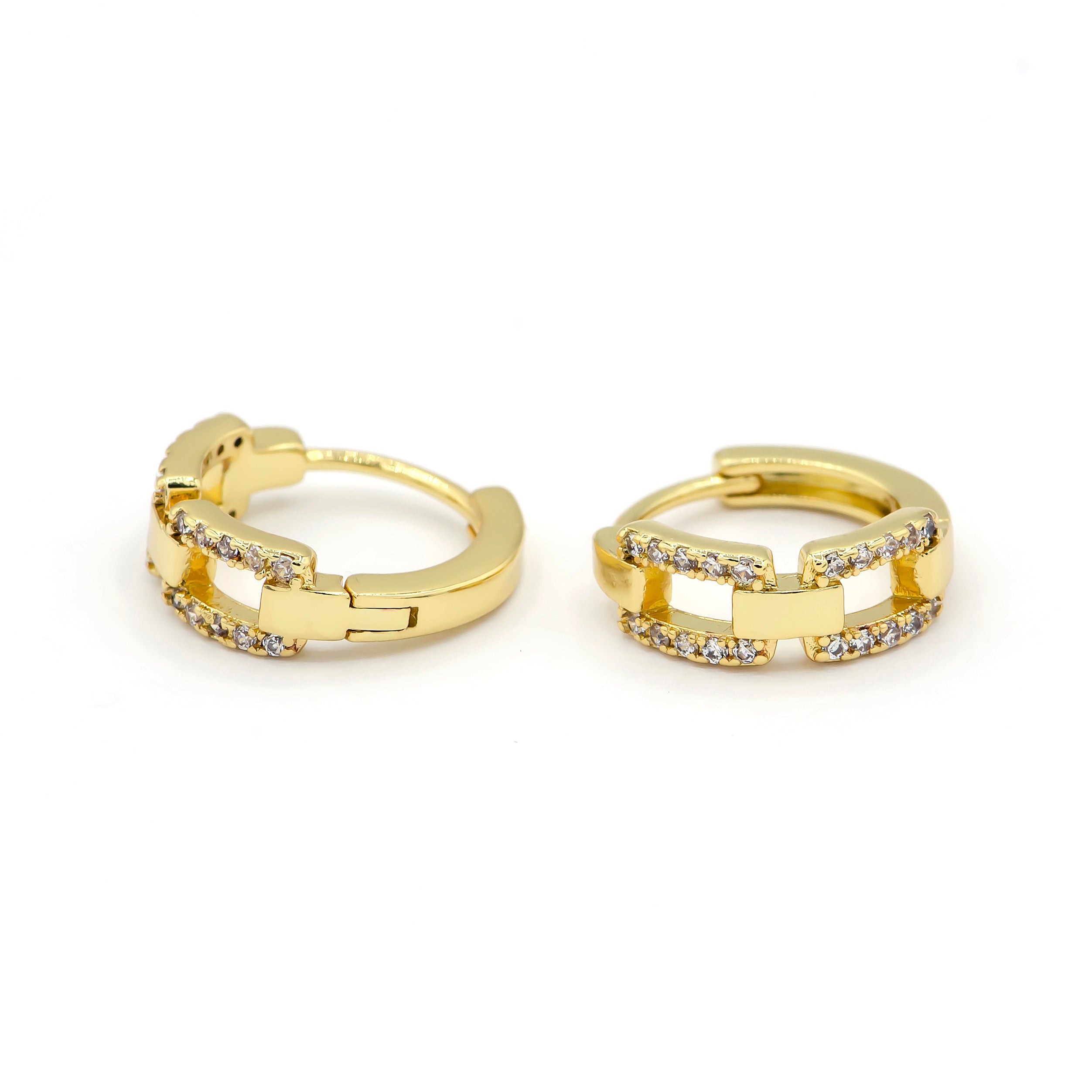 Gold Chain Huggie Hoop Earrings, Gold Chain Link Earrings Pave Chain Shape Hoop Earring
