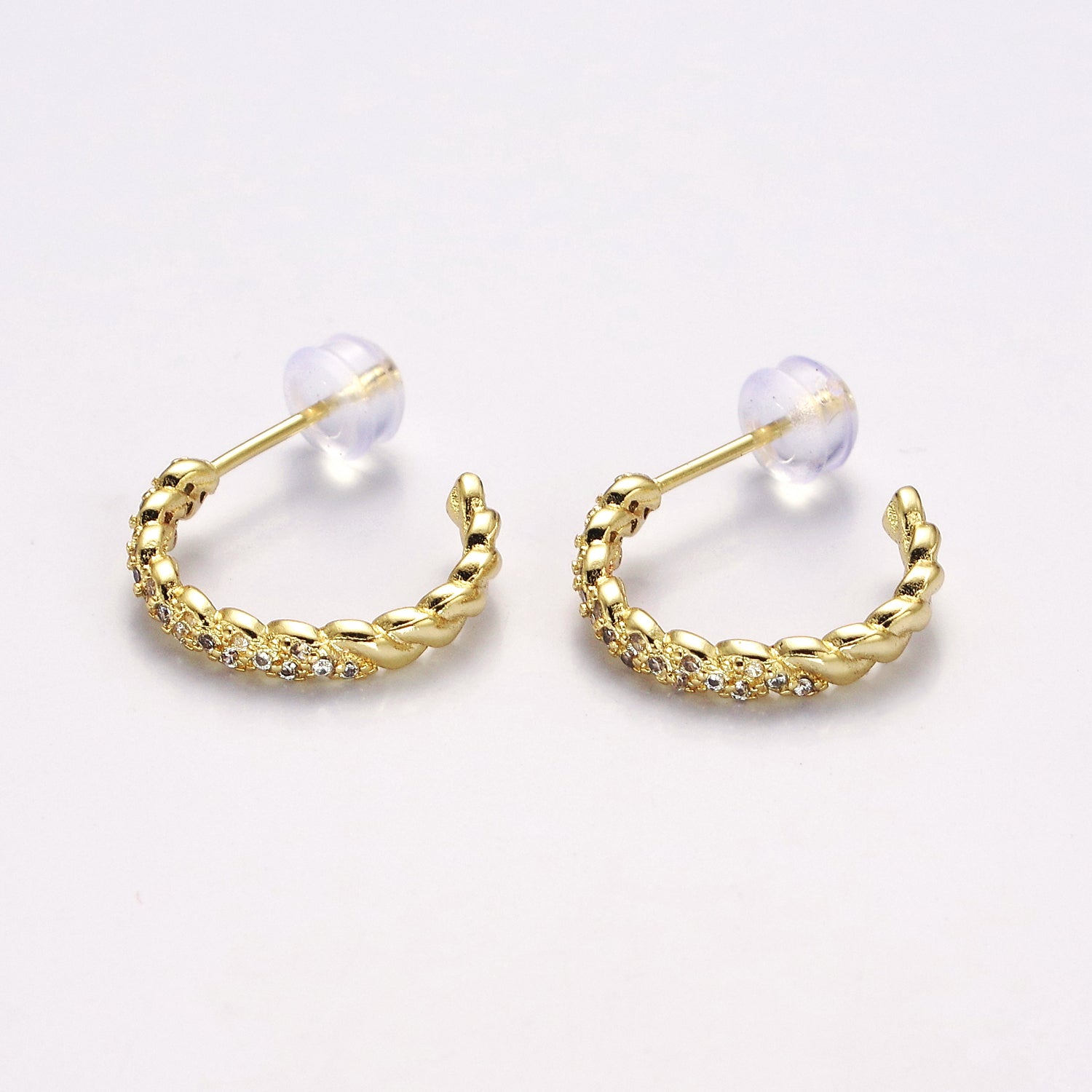 Gold Micro Paved CZ Twisted 16mm, 24mm, 30mm C Shaped Stud Hoops Earrings