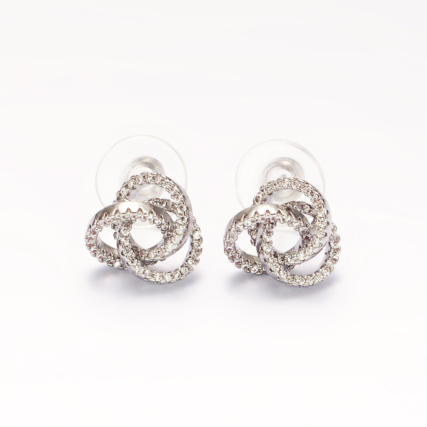 Gold Clear Micro Paved Triple Round Circular Stud Earrings in Gold & Silver