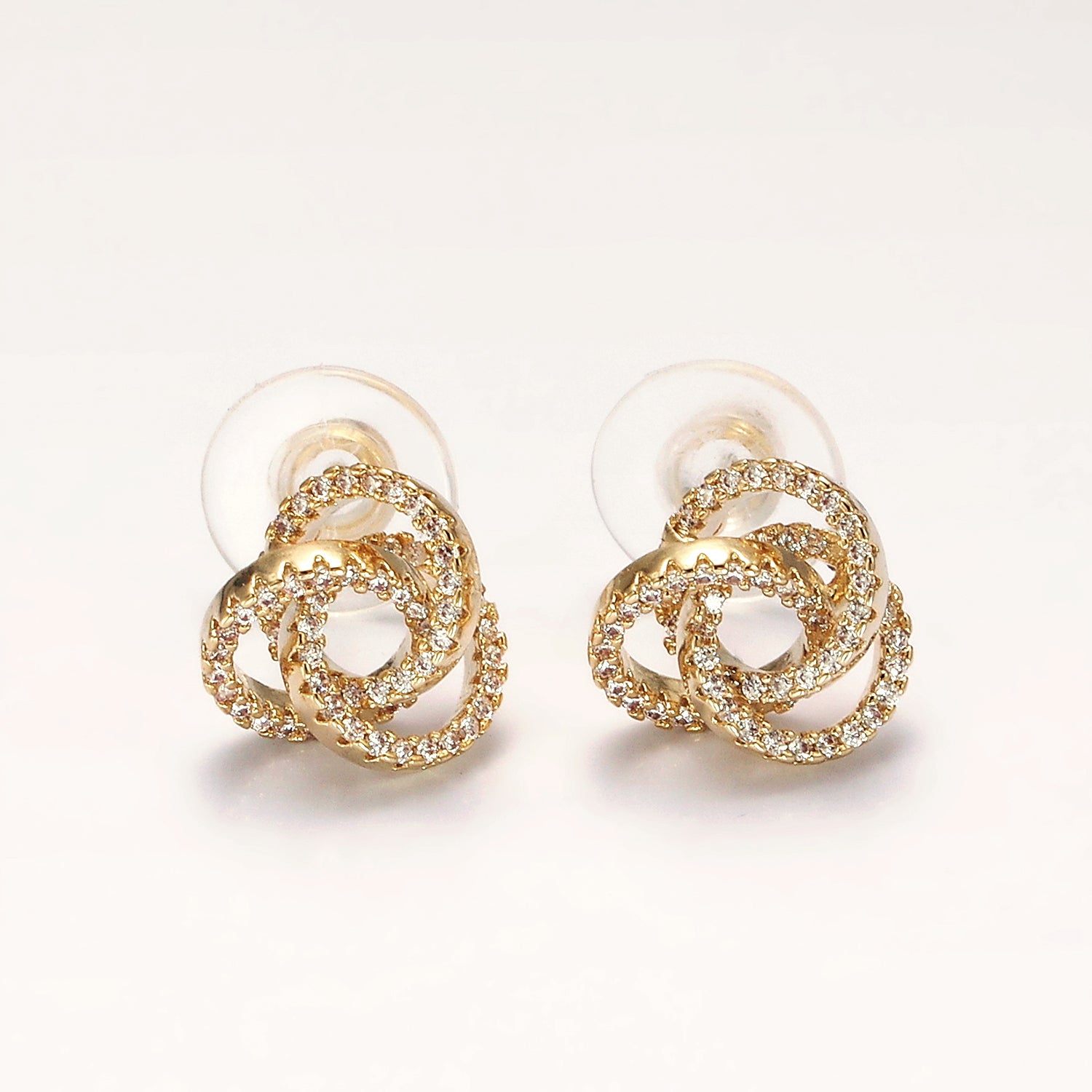 Gold Clear Micro Paved Triple Round Circular Stud Earrings in Gold & Silver