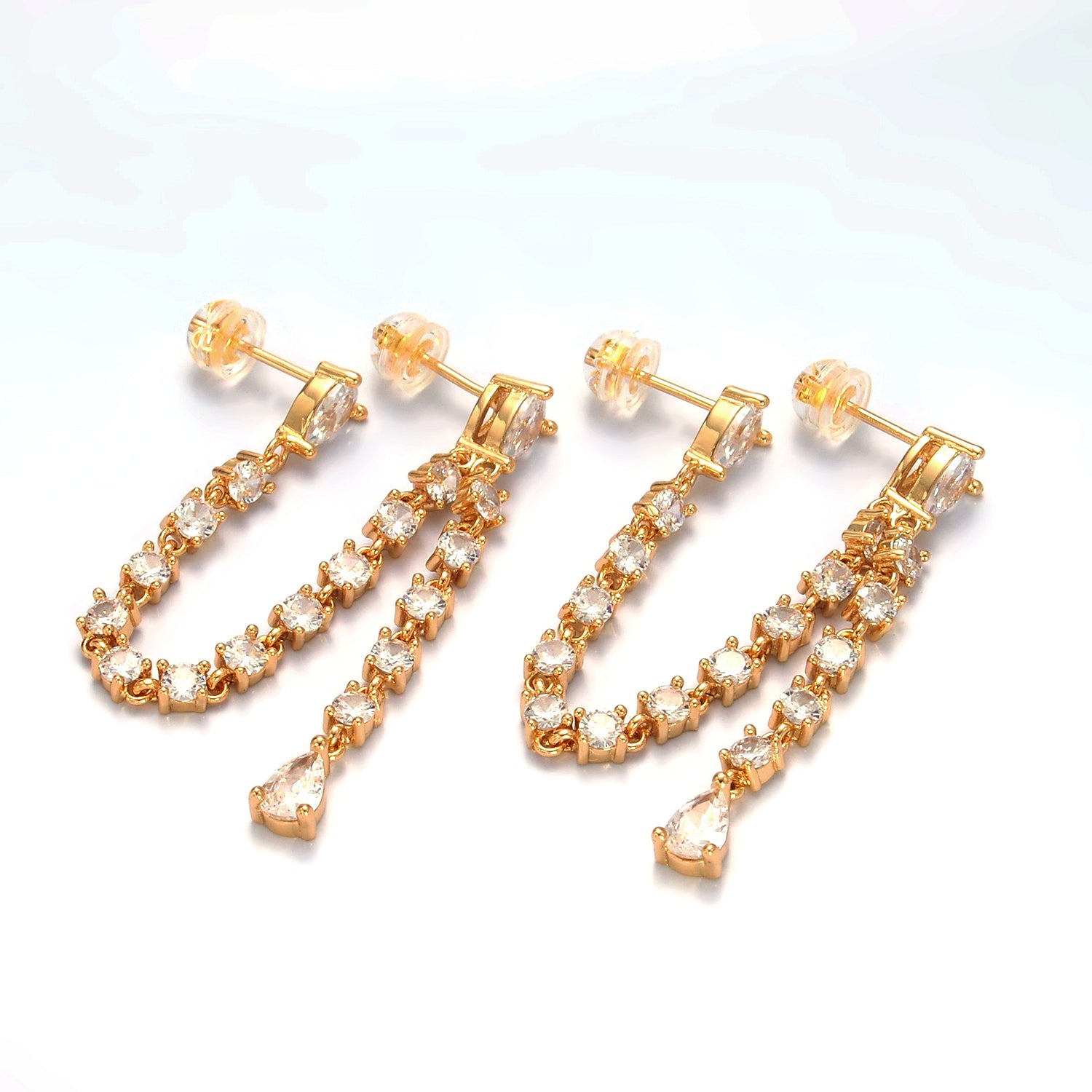 Gold Clear CZ Chain Teardrop Drop Double Stud Earrings in Gold & Silver