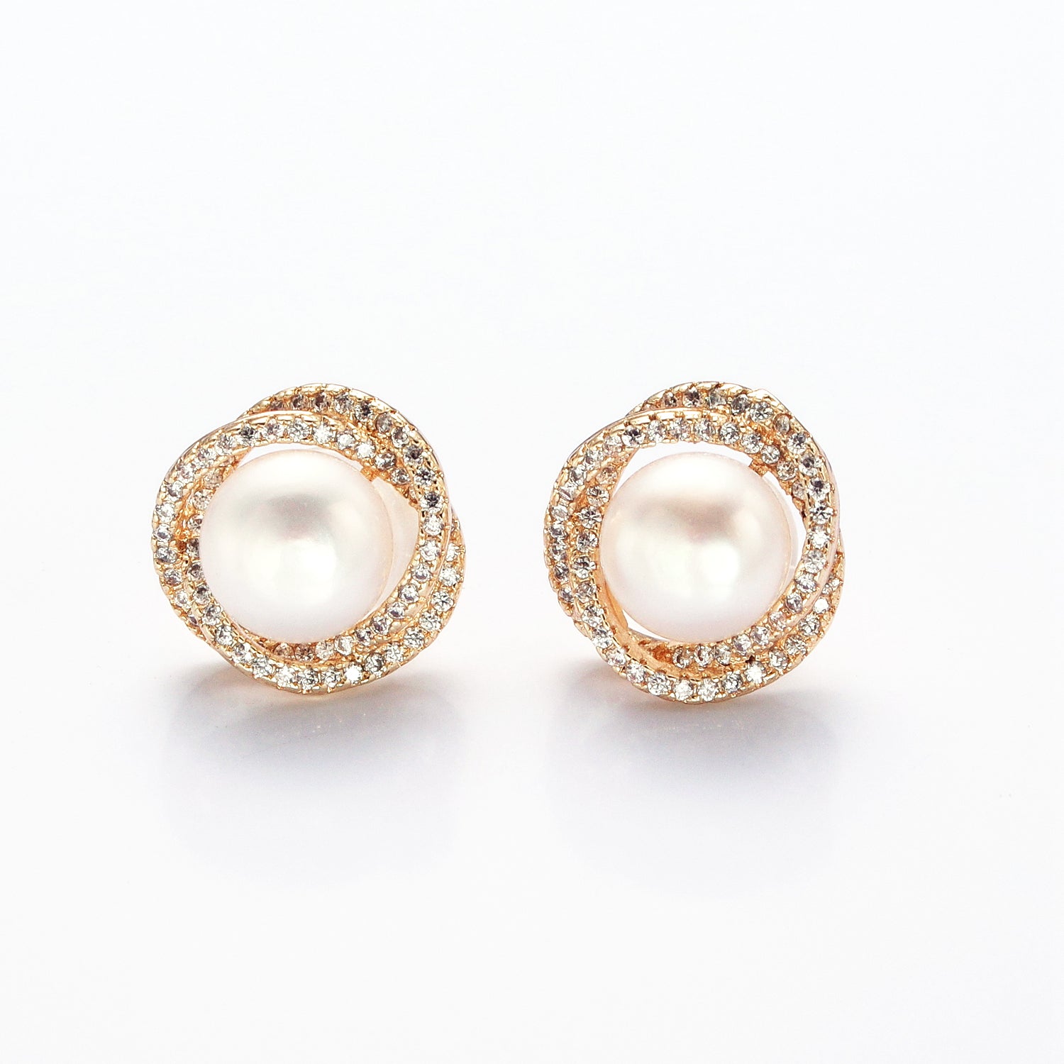 Gold Pave CZ Flower Stud Earring with Pearl for Wedding Jewelry