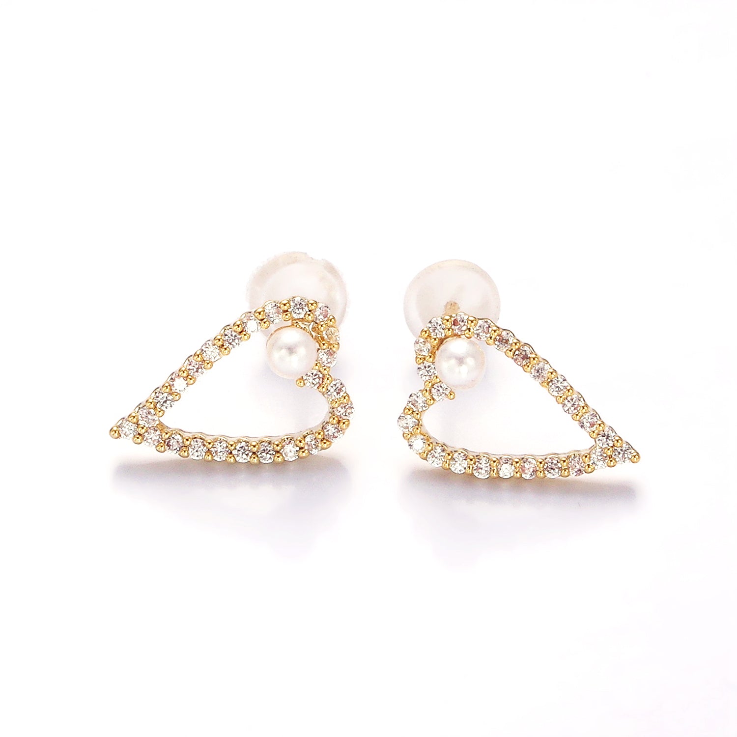 Shell Pearl Open Micro Paved CZ Heart Stud Earrings in Gold & Silver ✦ EA-21V516