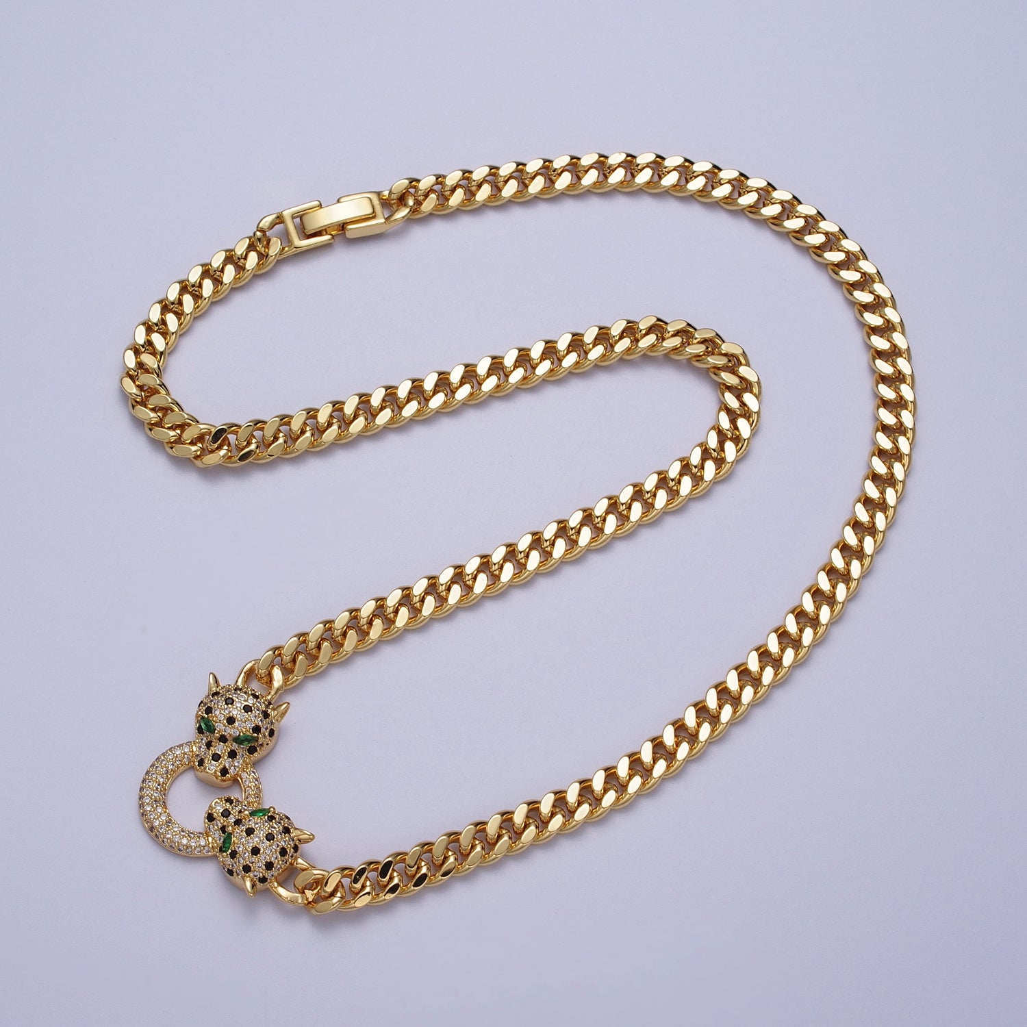 Micro Paved Green Eyed Jaguar Panther 18 Inch Curb Chain Necklace in Gold