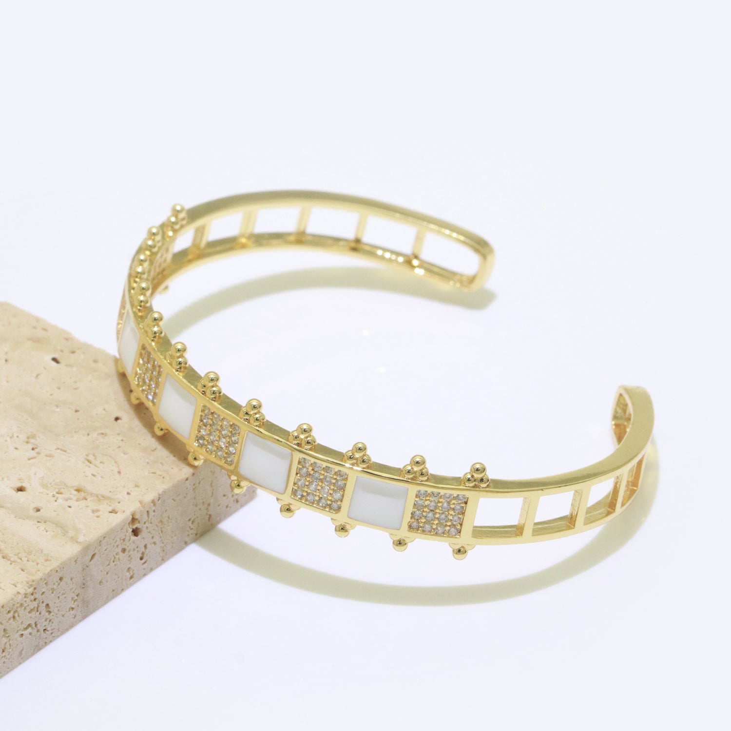 Micro Pave Enamel Gold and White Checker Bangle ✦ BR-21WA171