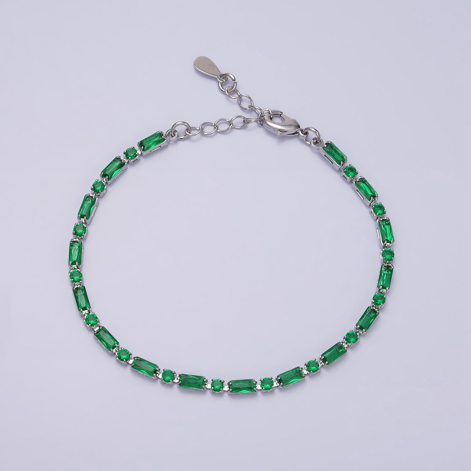 Dainty Silver Tennis Bracelet Emerald Green Mix Baguette Round Green CZ Link Tennis BR-21WA1829
