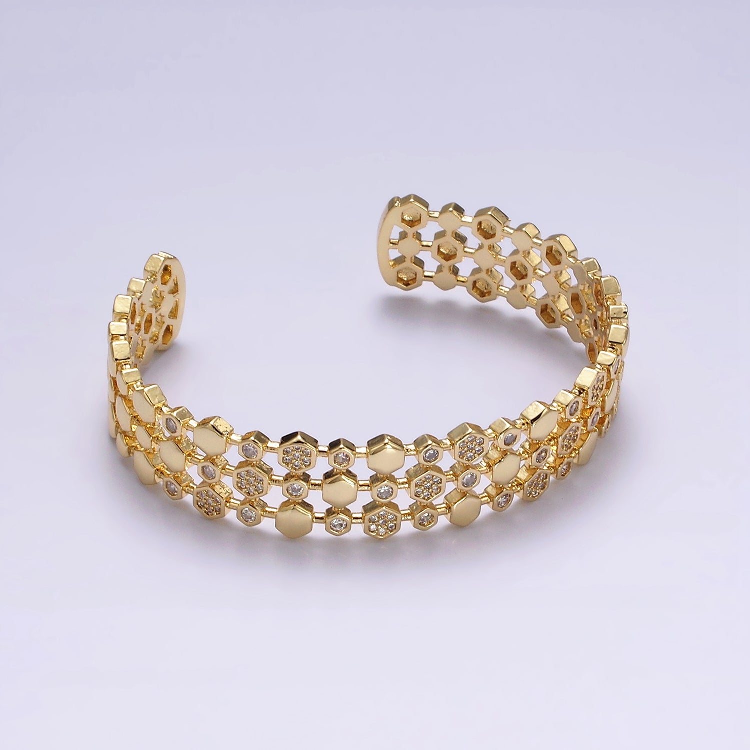 Gold Hexagonal Micro Paved CZ Triple Lined Cuff Bangle Bracelet in Gold & Silver ✦ BR-21WA1916 BR-21WA1917