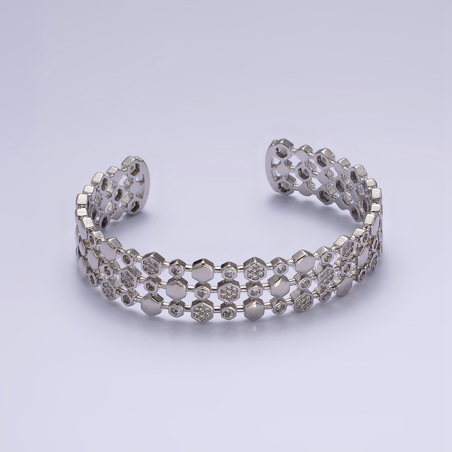 Gold Hexagonal Micro Paved CZ Triple Lined Cuff Bangle Bracelet in Gold & Silver ✦ BR-21WA1916 BR-21WA1917