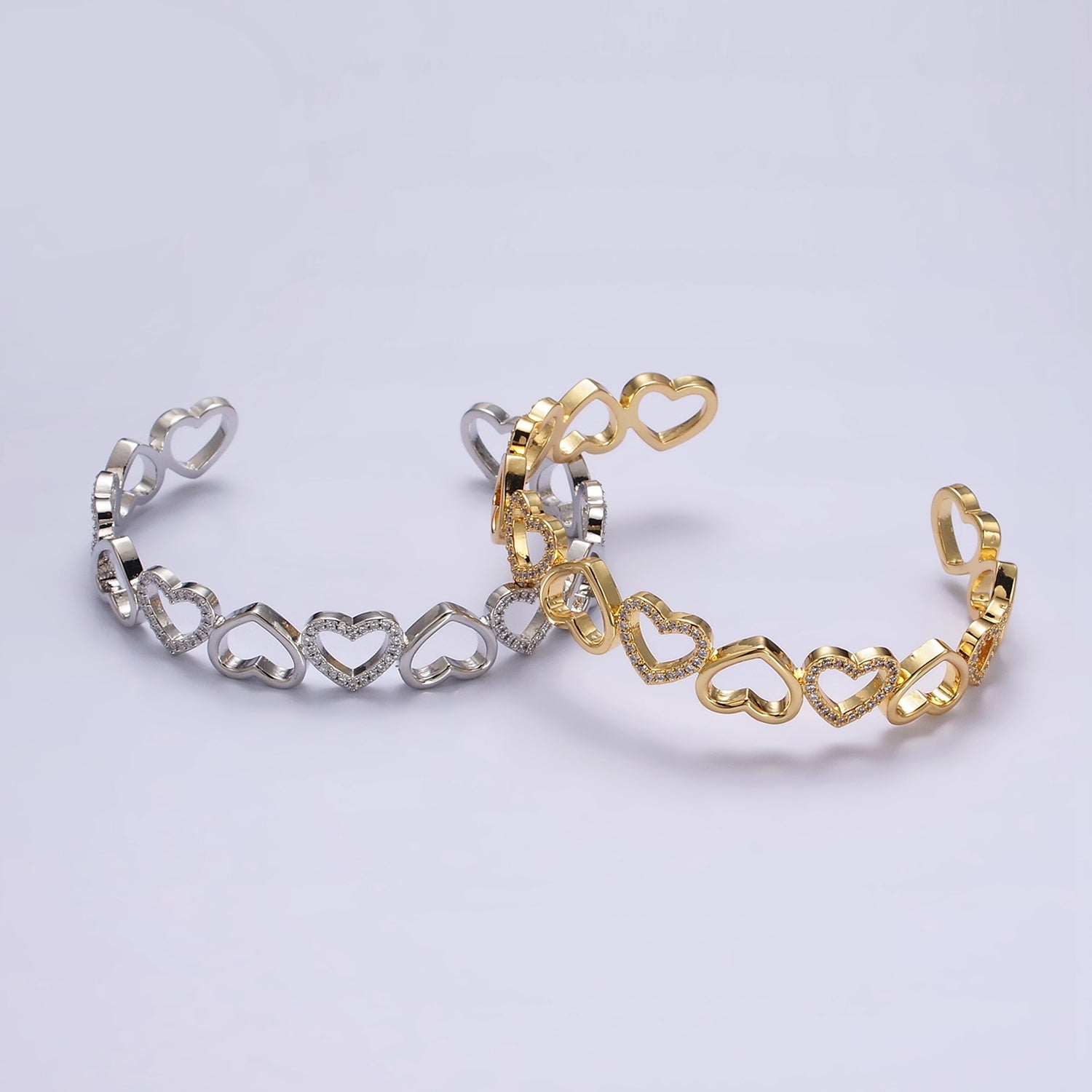 Gold Open Heart Micro Paved CZ Cuff Bangle Bracelet in Silver & Gold ✦ BR-21WA1927 BR-21WA1928