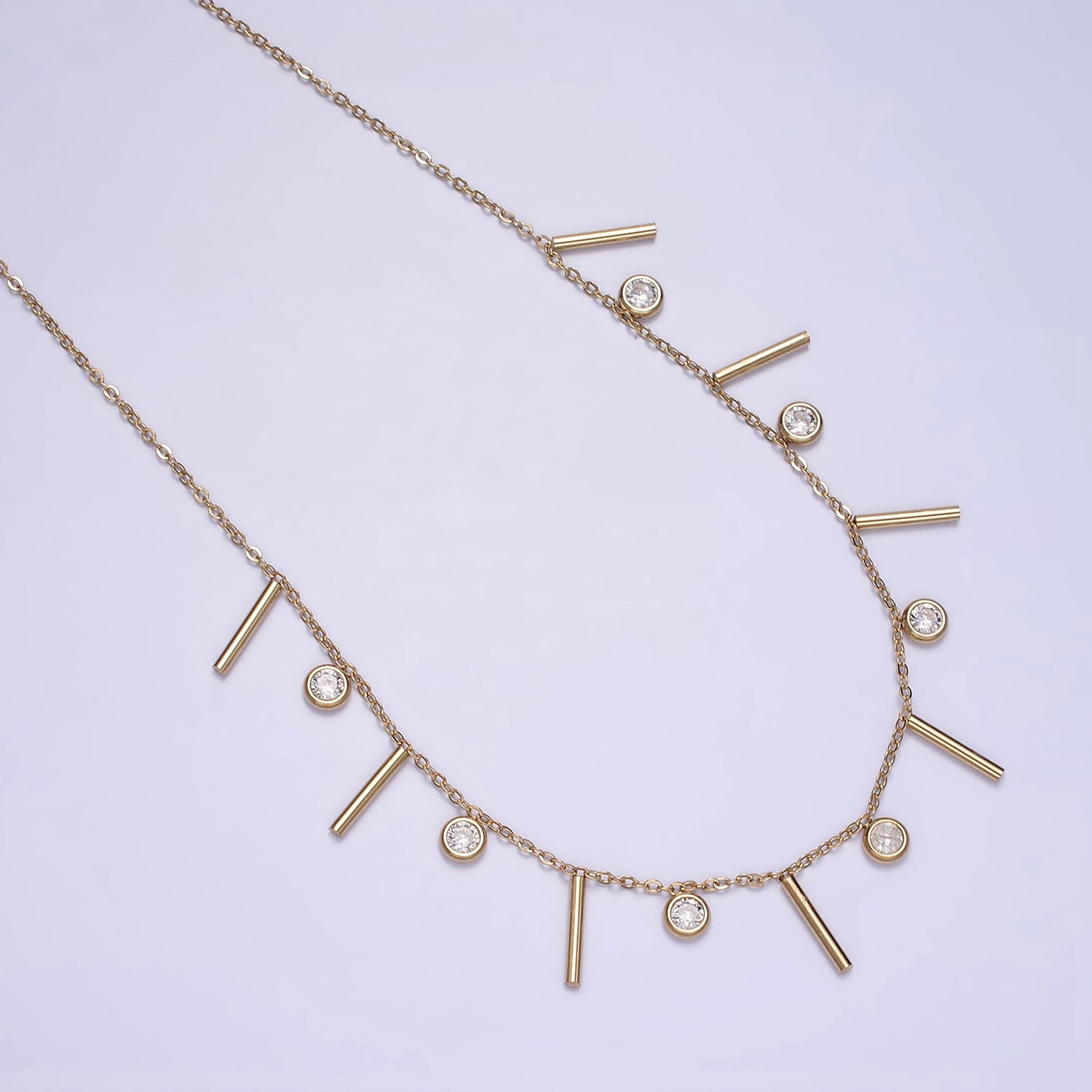 Stainless Steel Multiple Clear Round CZ Bar 18 Inch Cable Layering Chain Necklace