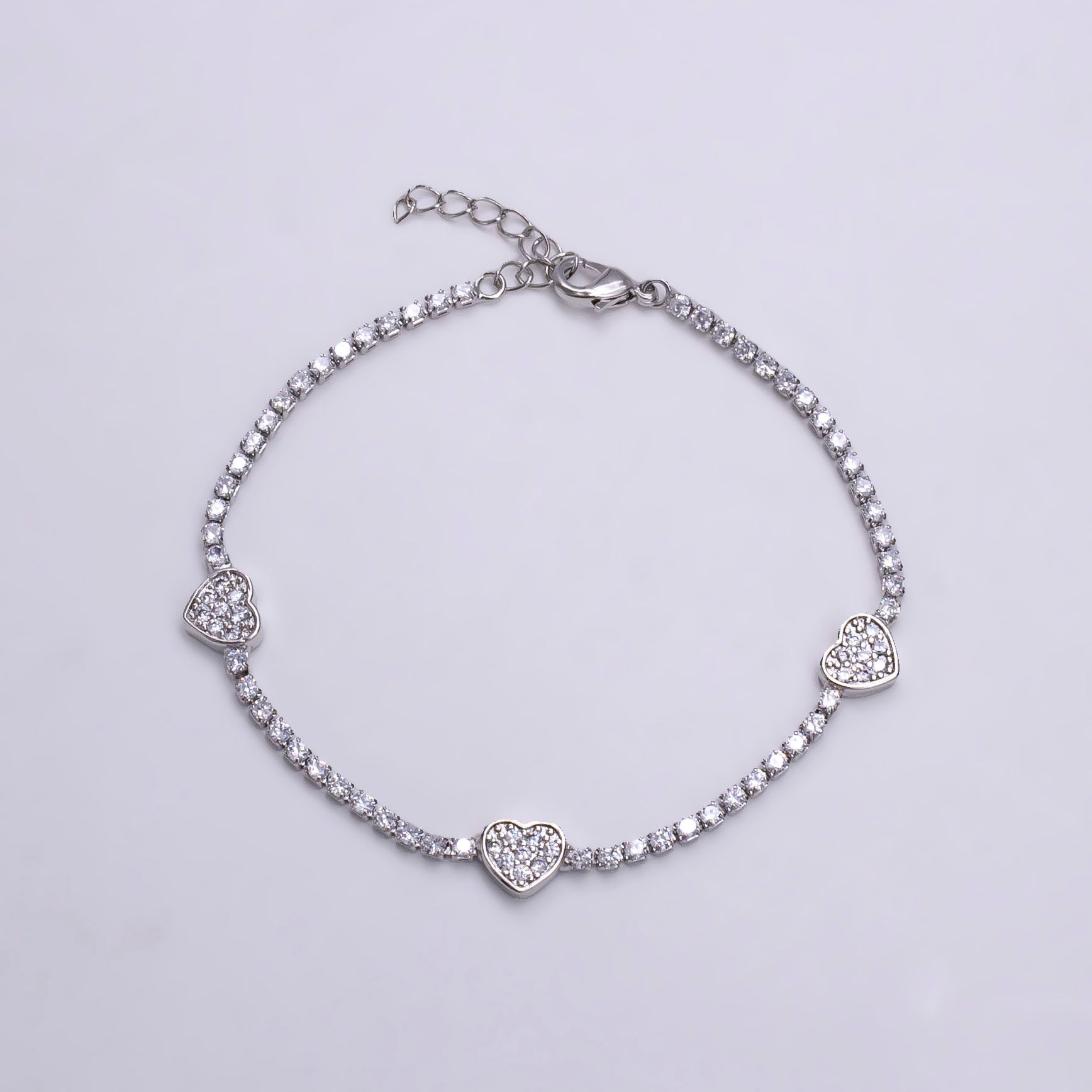 Gold Clear Micro Paved CZ Heart Tennis Chain 7 Inch Bracelet in Gold & Silver