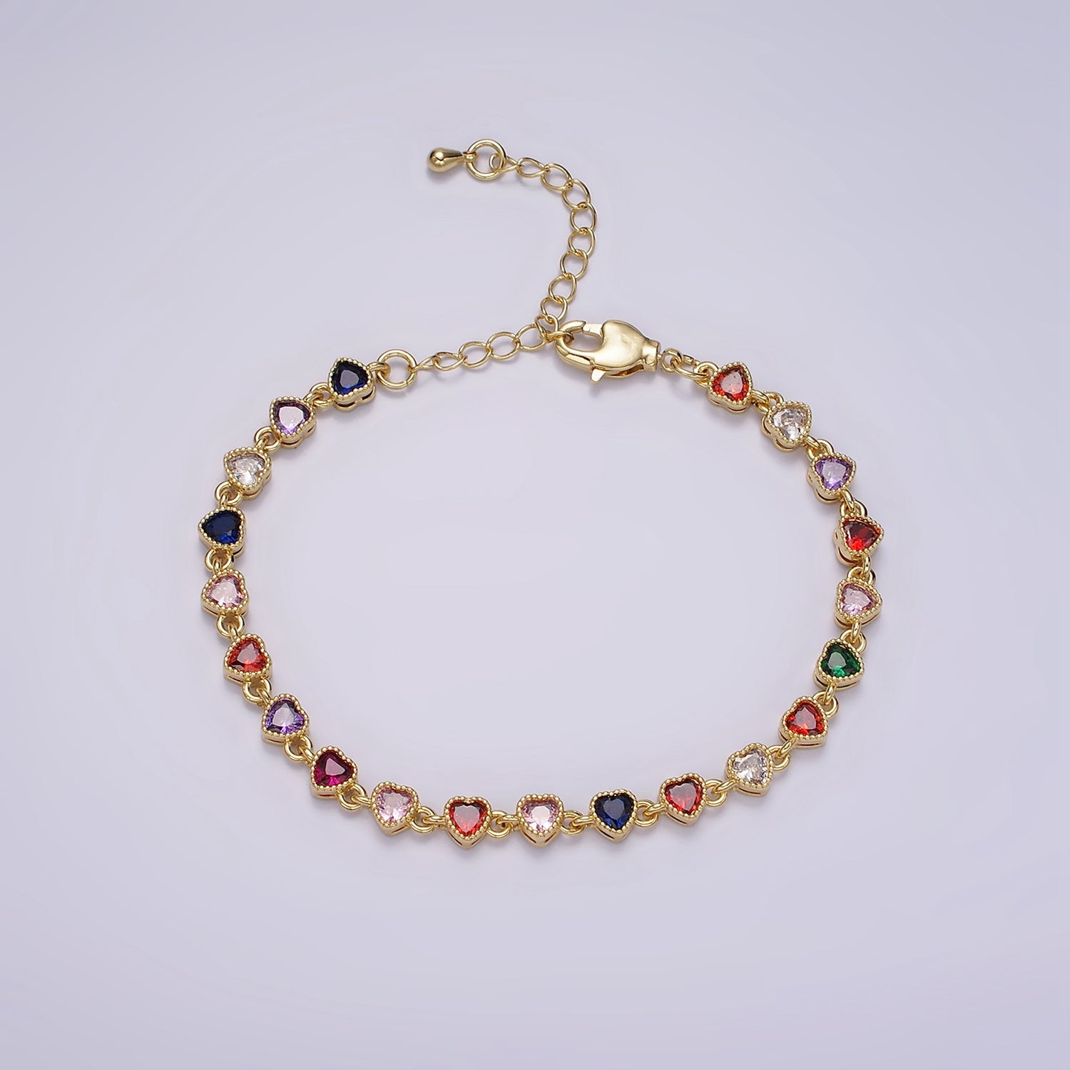 Gold CZ Multicolor Heart Bezel 7 Inch Bracelet in Gold & Silver