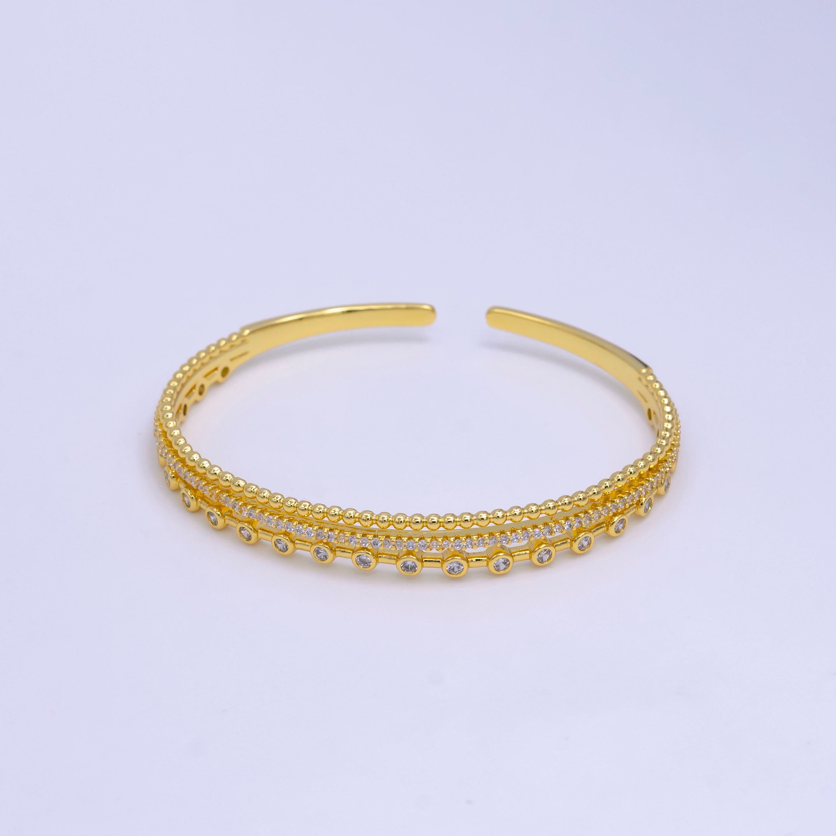 Gold Triple Band Bubble CZ Micro Paved Cuff Bracelet BR-21WA2509