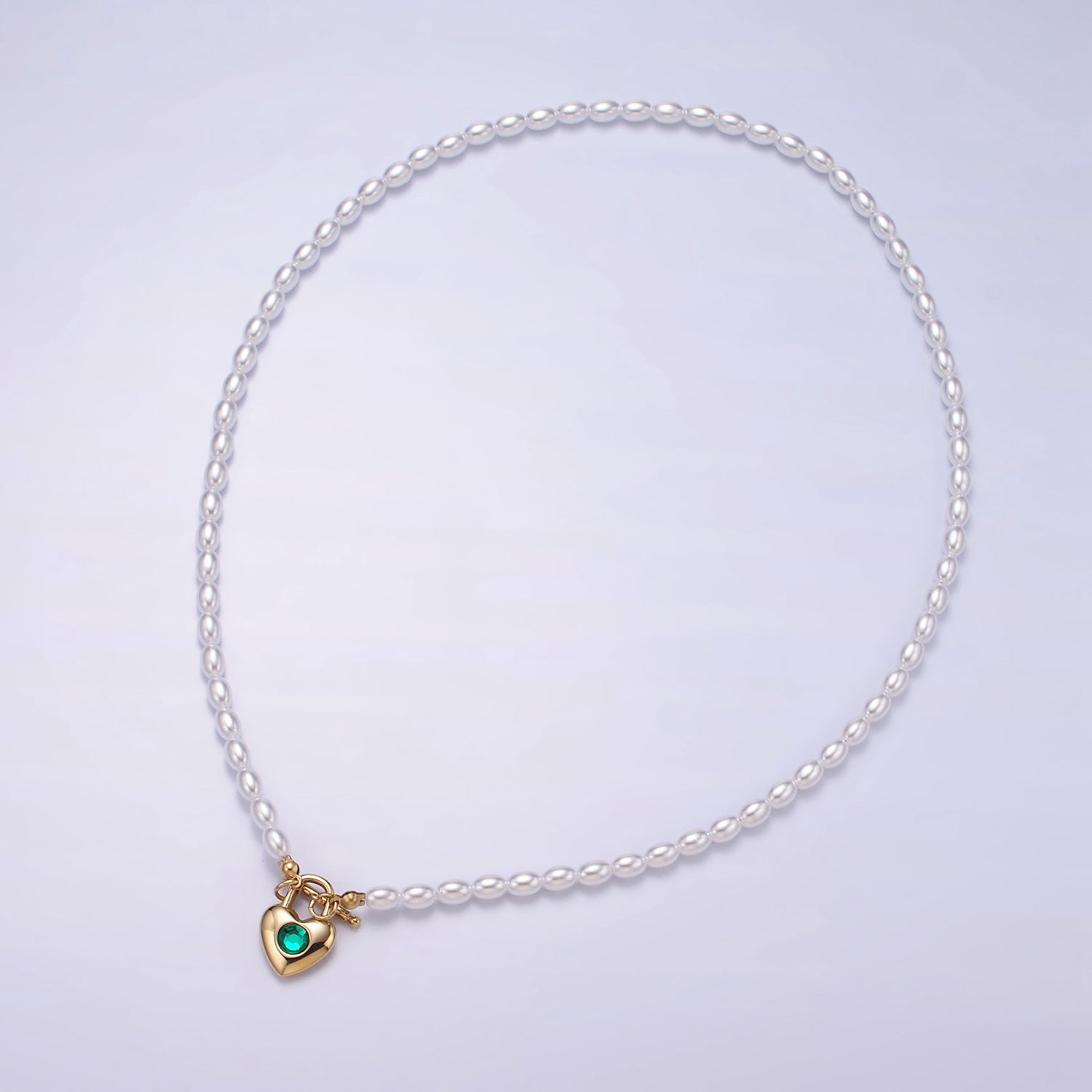 Stainless Steel Green CZ Heart Toggle Shell Pearl 18.5 Inch Necklace