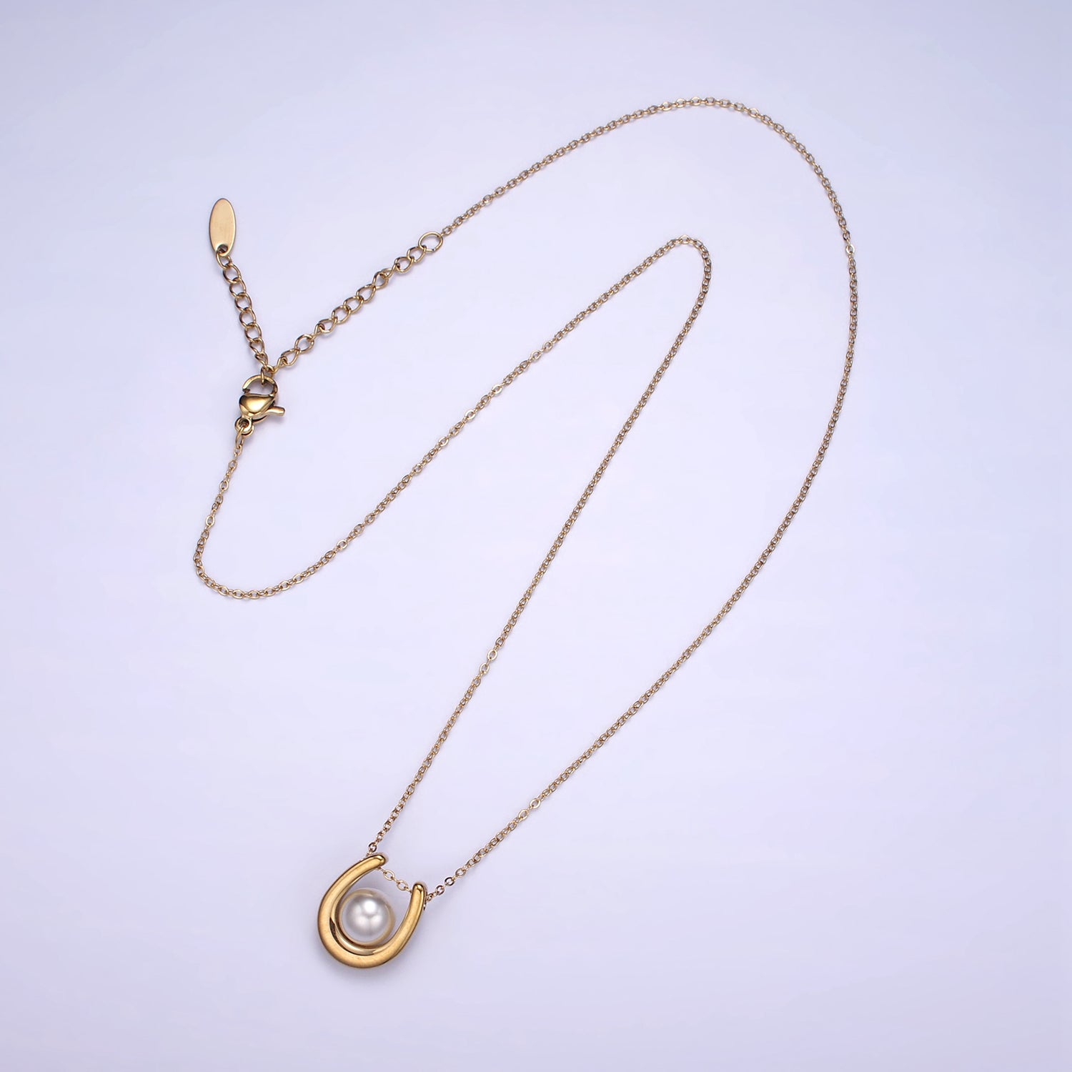 Stainless Steel Pearl Horseshoe Pendant Cable Chain 18 Inch Necklace w. 2 Inch Extender