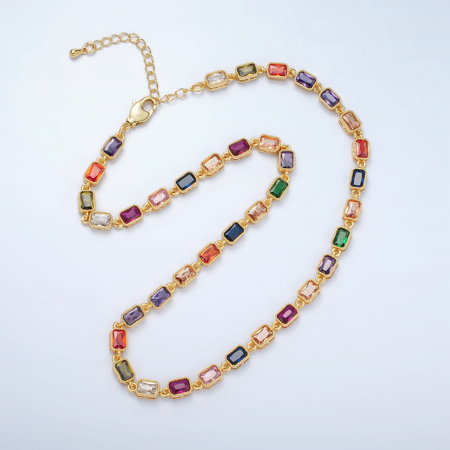 Gold Multicolor CZ Baguette 15.5 Inch Necklace