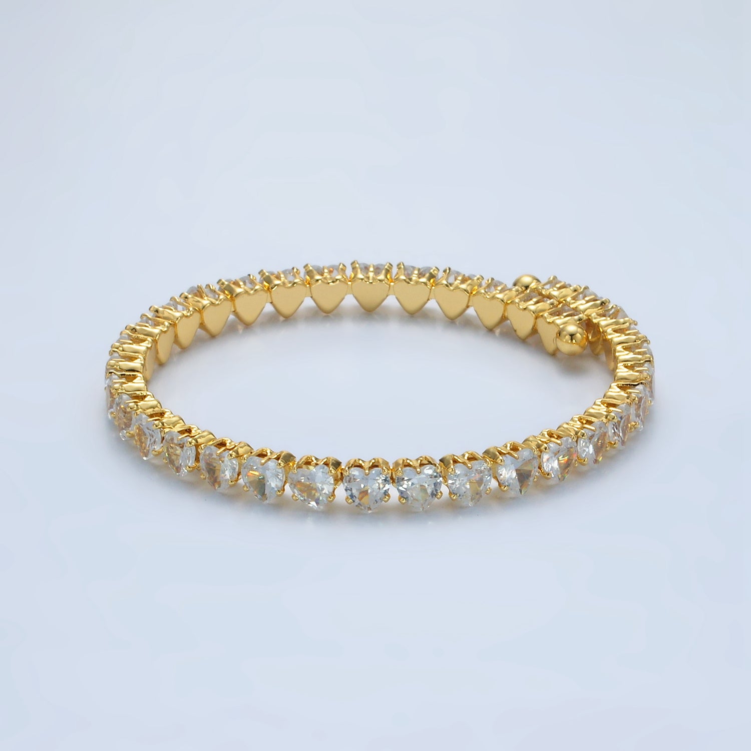 Gold Dainty Heart Tennis Adjustable Cuff Bangle ✦ BR-21WA2559