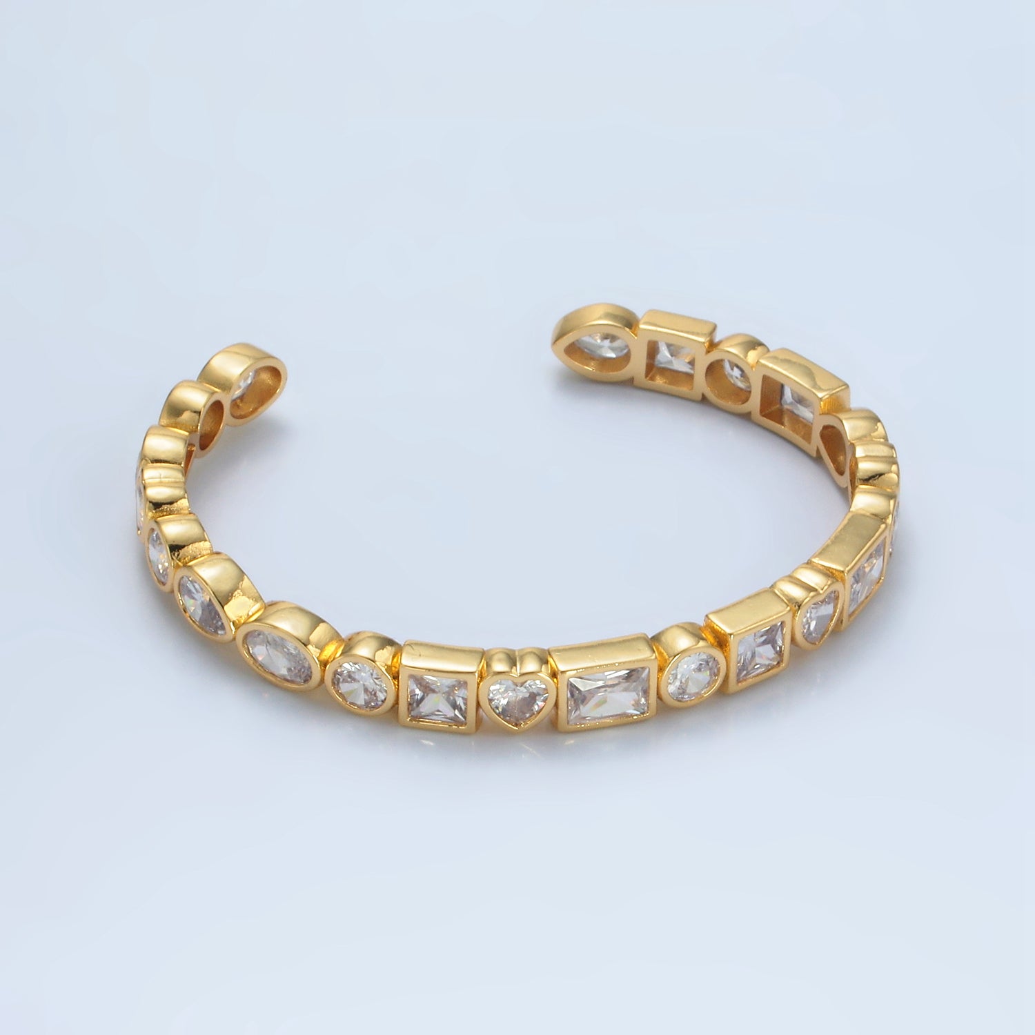 Gold Clear CZ Heart Baguette Oval Lined Bangle Cuff Bracelet BRACELET-00302