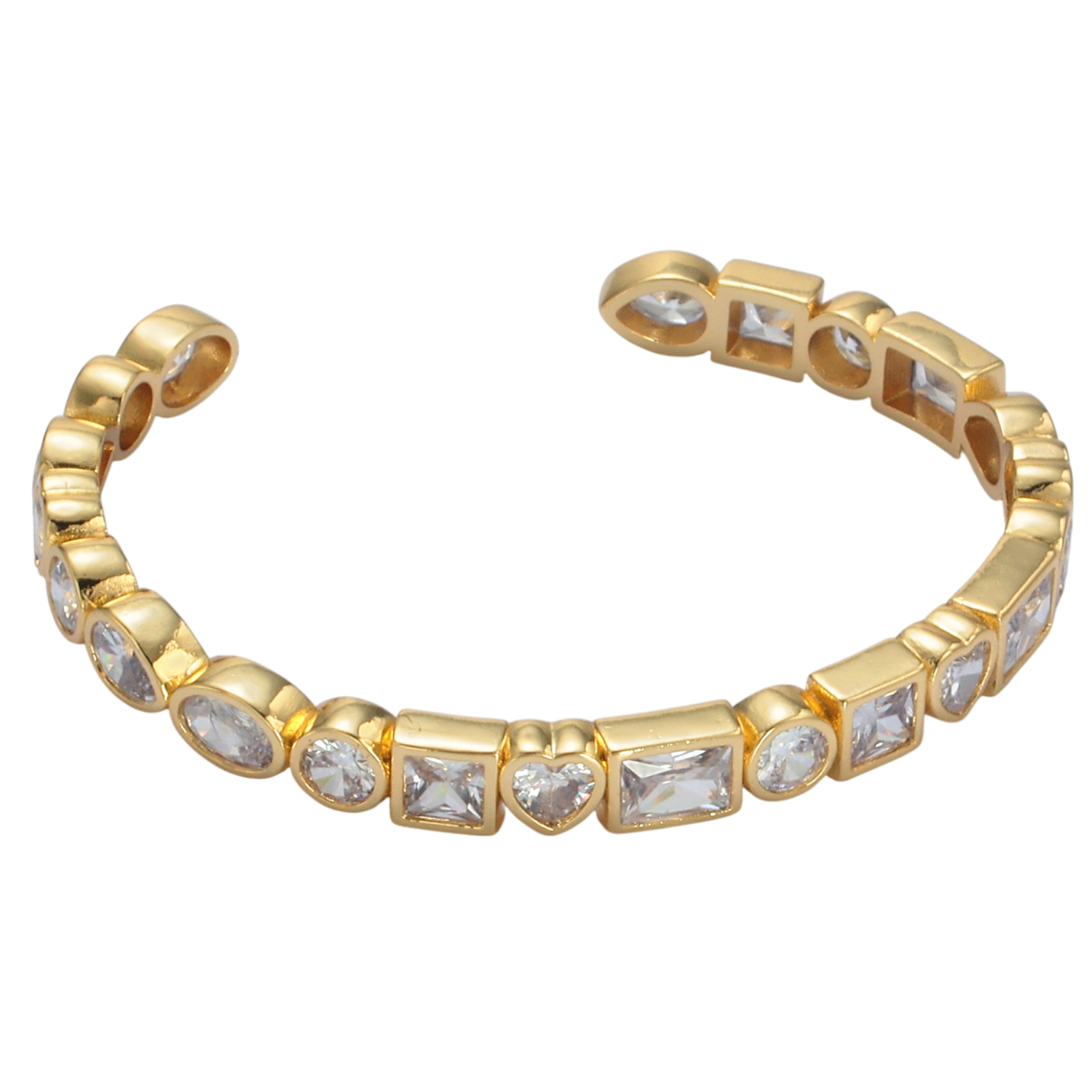 Gold Clear CZ Heart Baguette Oval Lined Bangle Cuff Bracelet BR-21WA2561