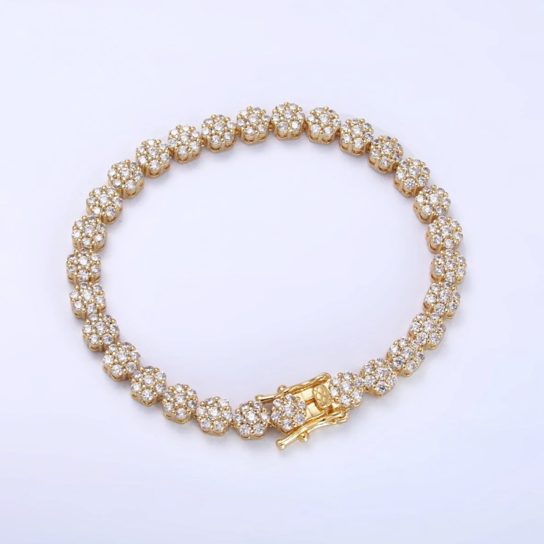 24K Gold Filled Micro Paved CZ Flower Tennis Chain Bracelet in Gold-Silver ✦ BR-21WA3038 BR-21WA3039