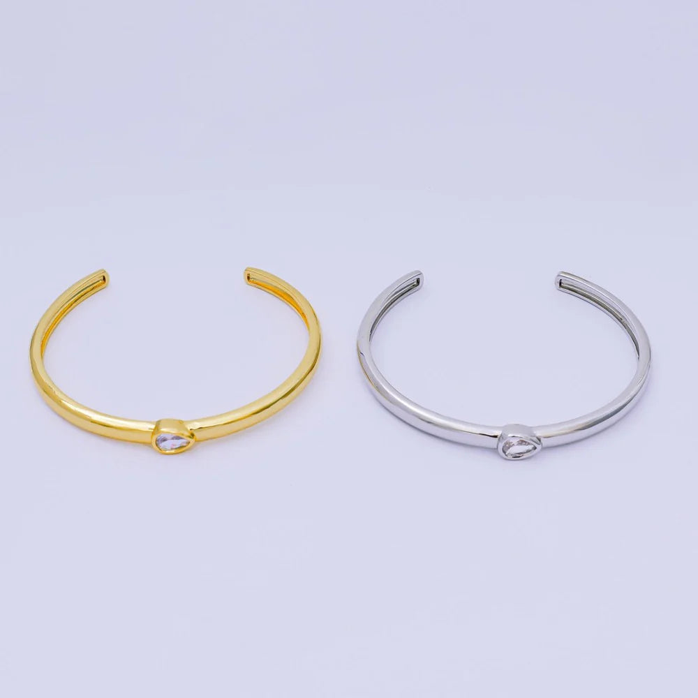 24K Gold Filled PEAR CZ Minimalist Round Bangle Cuff Bracelet in Gold & Silver ✦ BR-21WA3095 BR-21WA3096