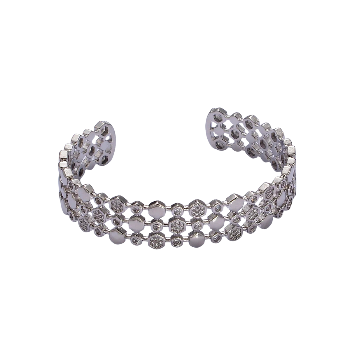 Gold Hexagonal Micro Paved CZ Triple Lined Cuff Bangle Bracelet in Gold & Silver ✦ BR-21WA1916 BR-21WA1917