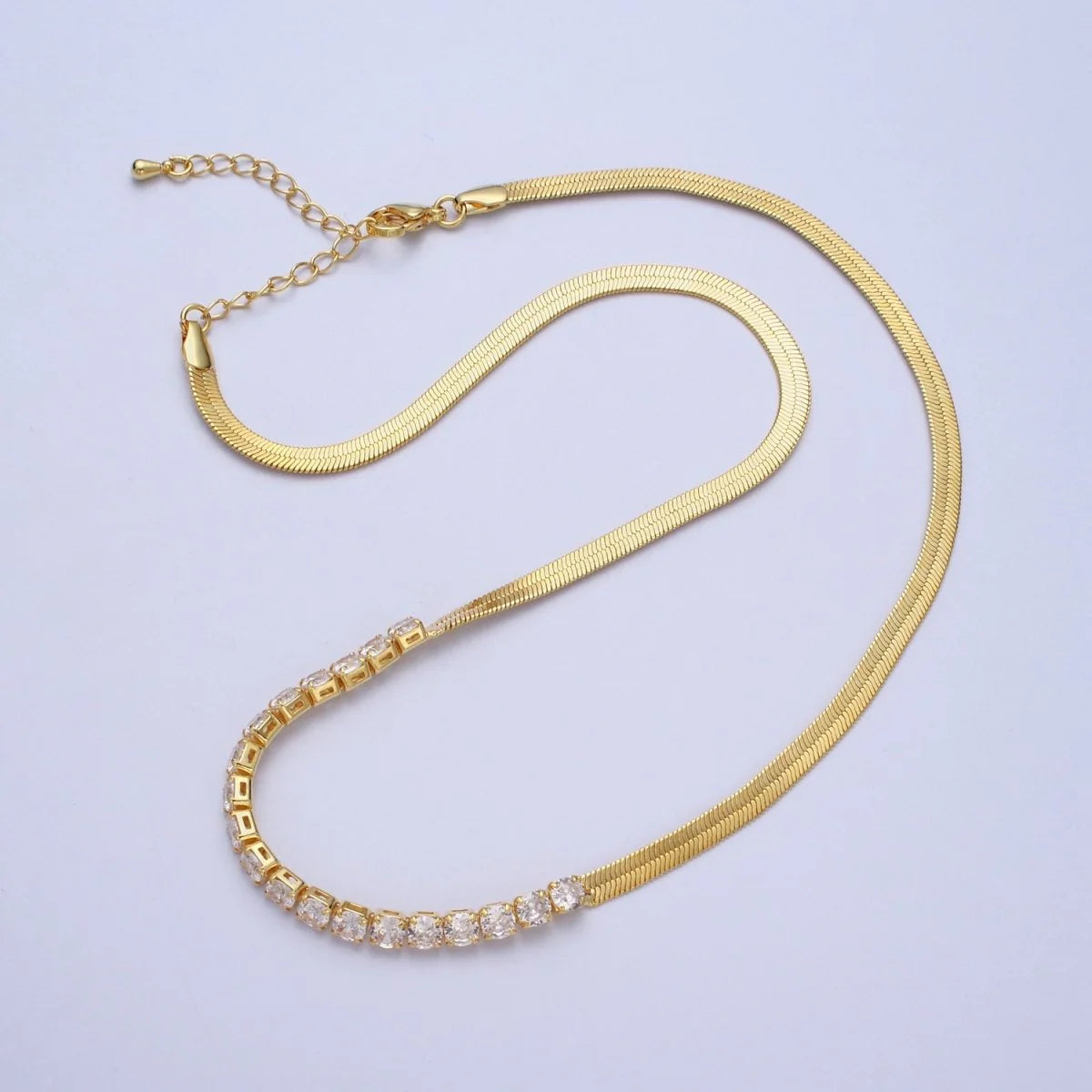 Dainty Gold Herringbone Necklace, Gold Flat Snake Chain Layered Choker, Cubic Zirconia Diamond Layer Chain Necklace CN-21WA1086