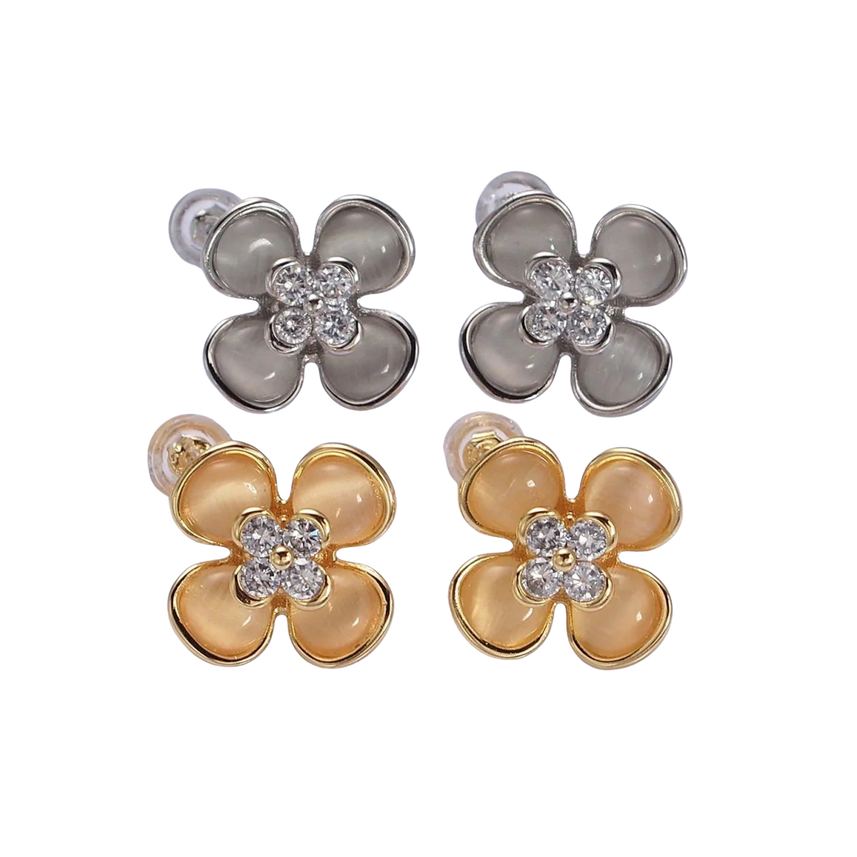 Flower Cats Eye Gemstone Micro Paved CZ Stud Earrings EA-21AD954 EA-21AD955