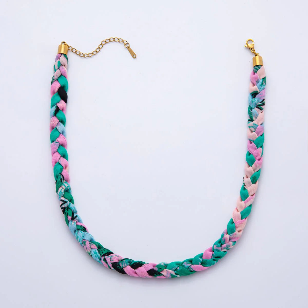 Evil Eye Gold Leaf Braided Blue-Pink Scarf Necklace NC-2013