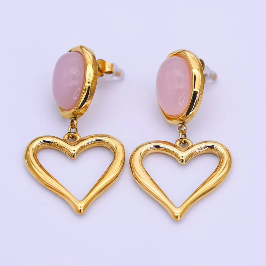 Stainless Steel Gemstone Cabochon Open Heart Drop Stud Earrings EA-21AJ002 EA-21AJ003