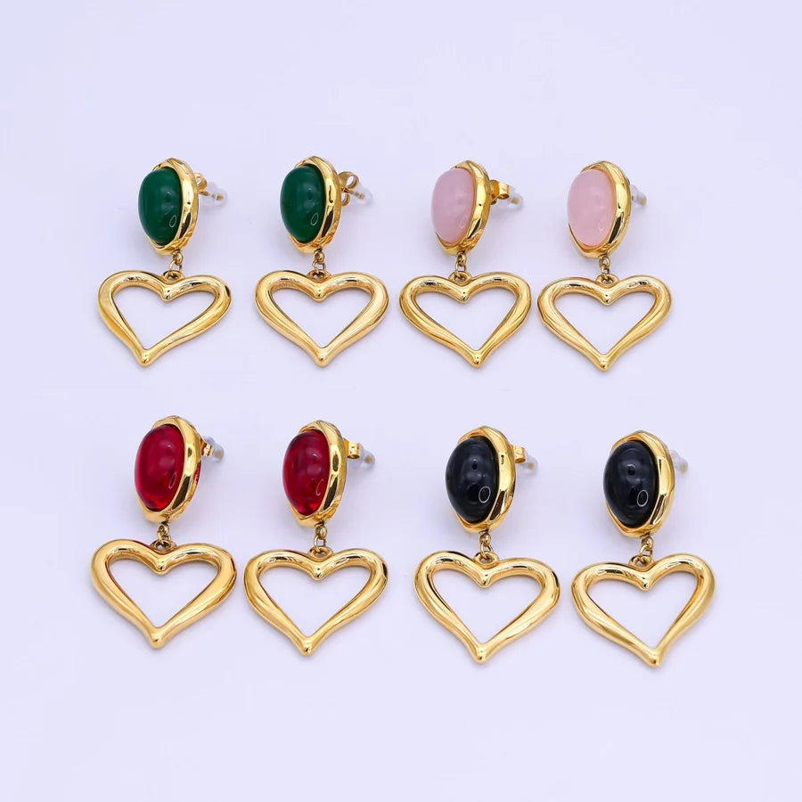 Stainless Steel Gemstone Cabochon Open Heart Drop Stud Earrings EA-21AJ002 EA-21AJ003