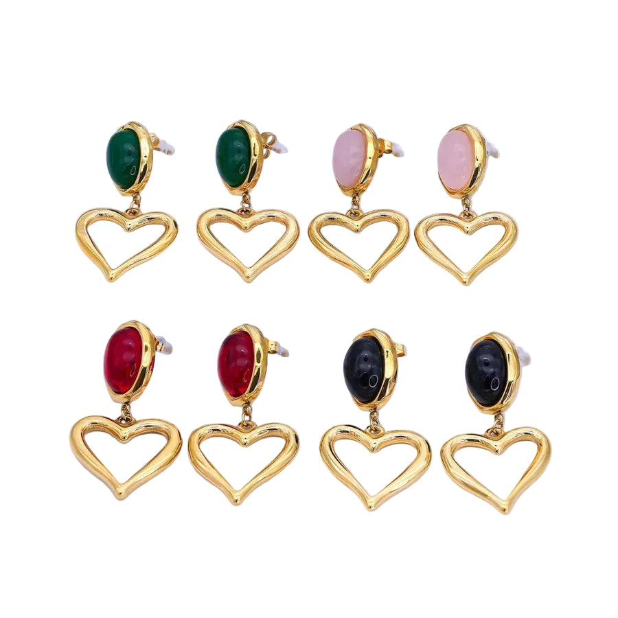 Stainless Steel Gemstone Cabochon Open Heart Drop Stud Earrings EA-21AJ002 EA-21AJ003