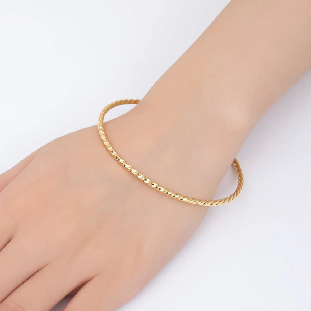 Gold Stainless Steel Twisted Rope Round Bangle Stackable Bracelet ✦ BA-21WA3468