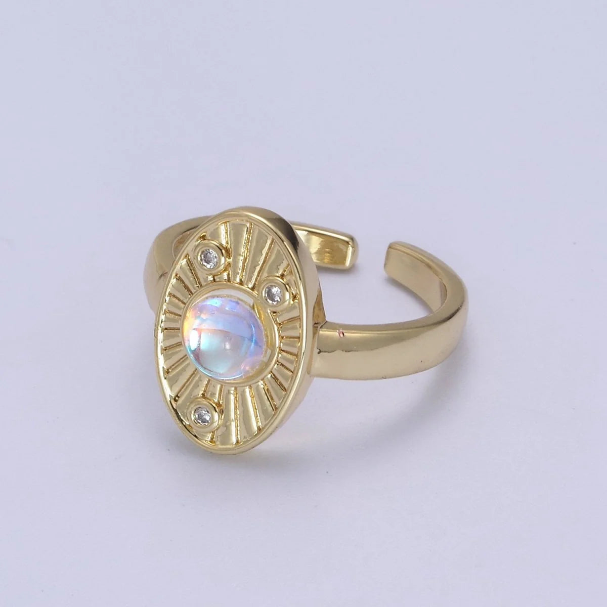 White Opal Sunburst Crystal CZ Oval Adjustable Ring RI-21U460