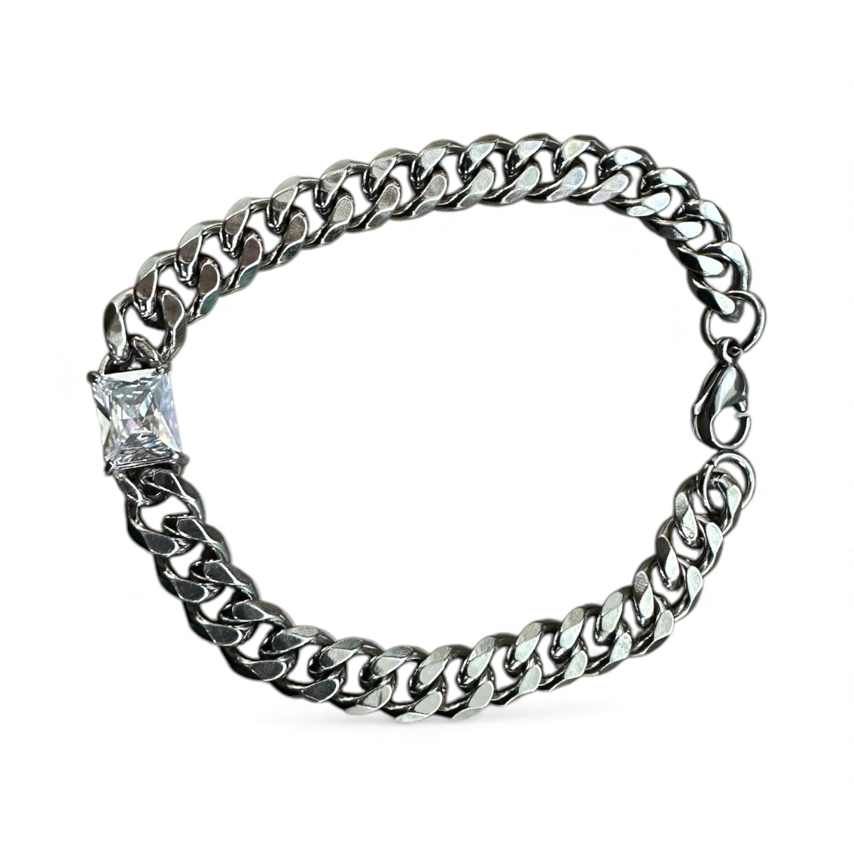 Chunky chain silver bracelet 1 rectangle cz diamond BR-2027