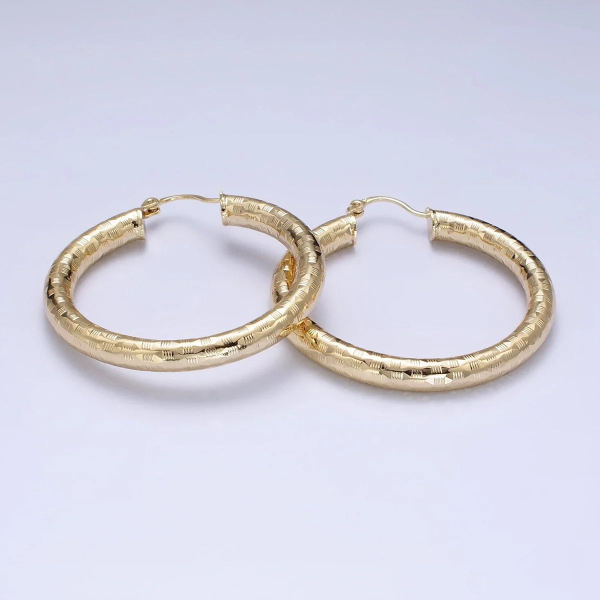 50mm Line-Texture Multifaceted French Lock Latch Hoop Earrings EA-21AE003