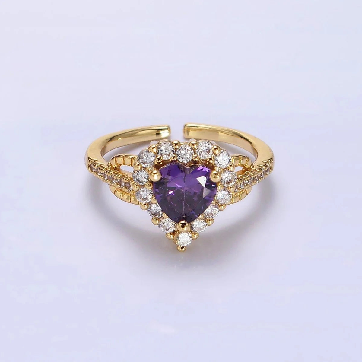 Purple Heart Gold Plated Adjustable Ring CZ