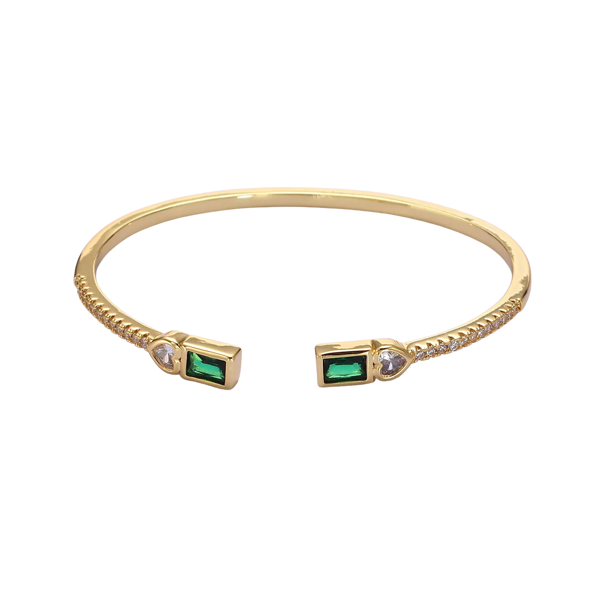Gold Clear, Green, Pink Baguette Heart CZ Micro Paved Cuff Bracelet in Gold & Silver ✦ BR-21WA2123 BR-21WA2124 BR-21WA2126
