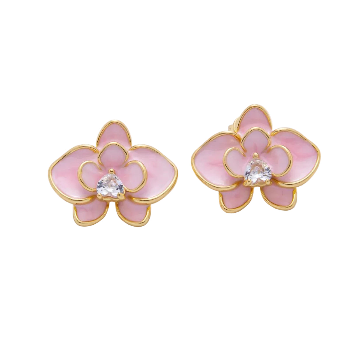 Heart-Shaped CZ Enamel Bloom Orchid Floral Studs Earrings in Blue & Pink EA-21AJ196 EA-21AJ197