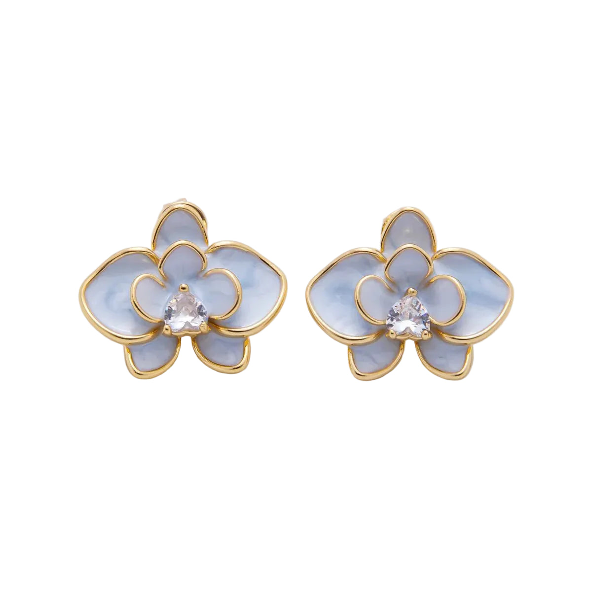 Heart-Shaped CZ Enamel Bloom Orchid Floral Studs Earrings in Blue & Pink EA-21AJ196 EA-21AJ197