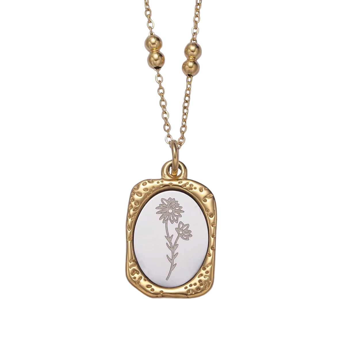 Gold Flower Tag Charm Engraved Floral Pendant Necklace NC-21WA712