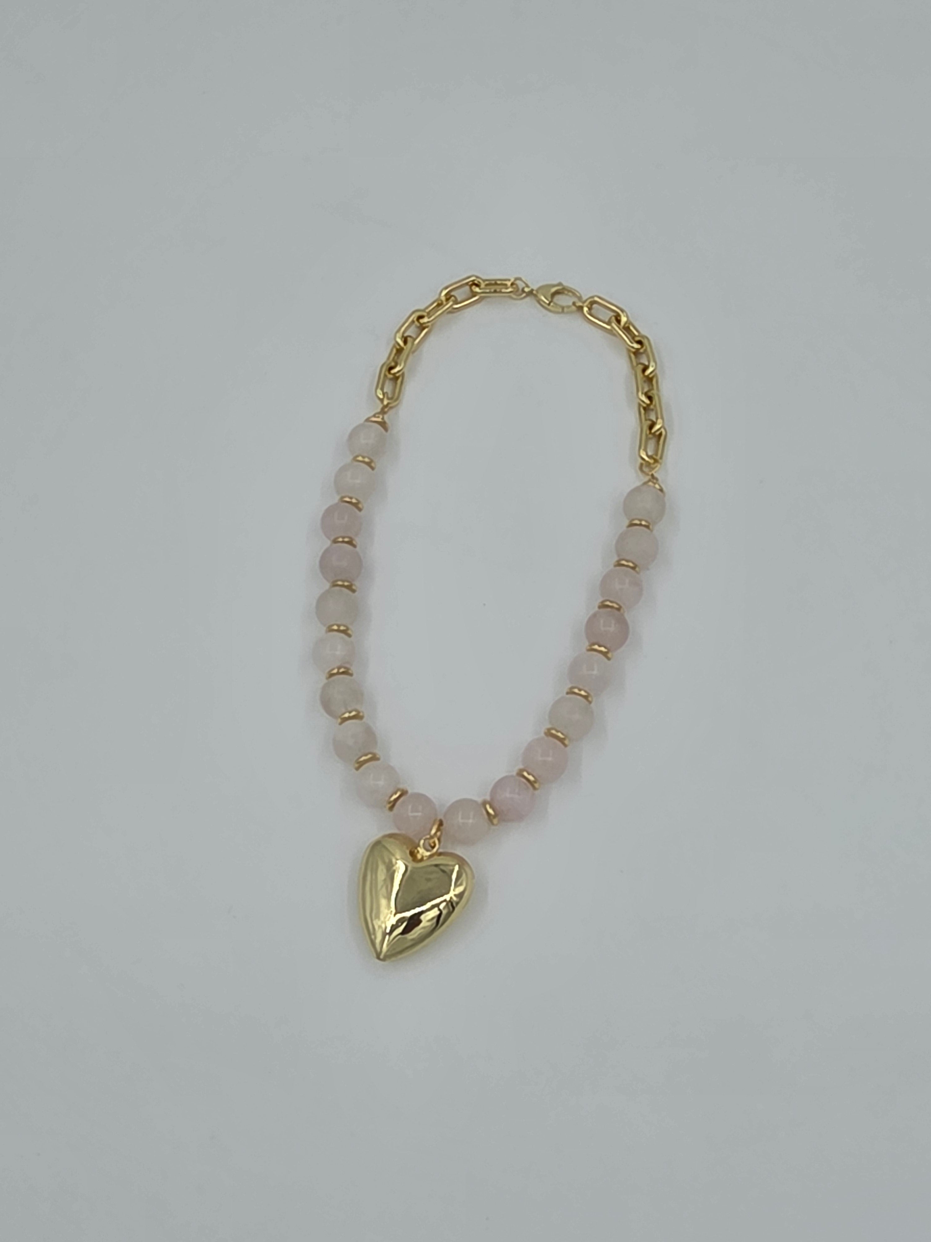 Gold Heart Pendant Rose Quartz Gemstone Necklace and Chain 18-Inch Necklace CDESIGN-00527